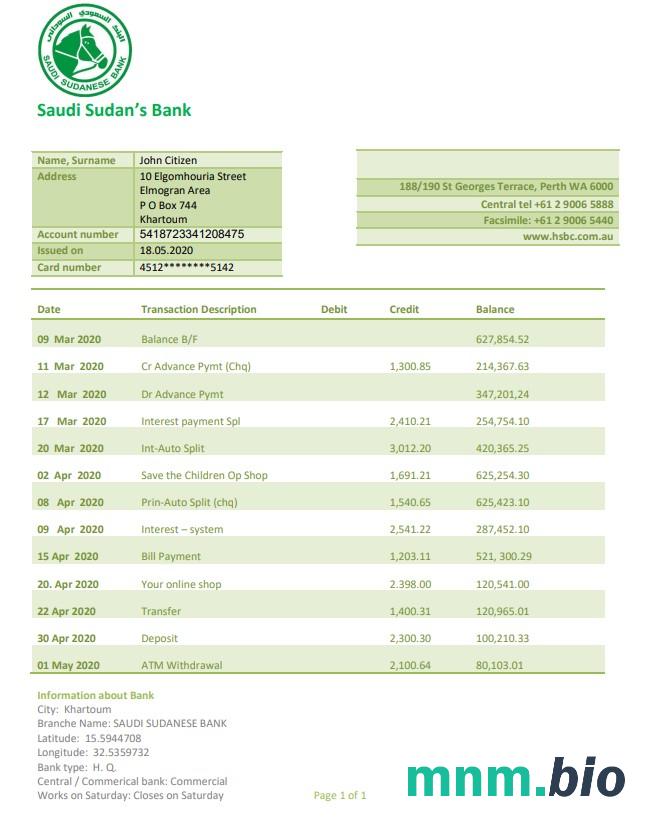 Sudan Saudi Sudanese Bank szablon w formacie excel pdf